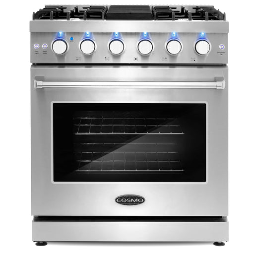 Cosmo 4-Piece Appliance Package - 30-Inch Gas Range, Island Mount Range Hood, Dishwasher and Refrigerator with Water Dispenser in Stainless Steel (COS-4PKG-693) Cosmo