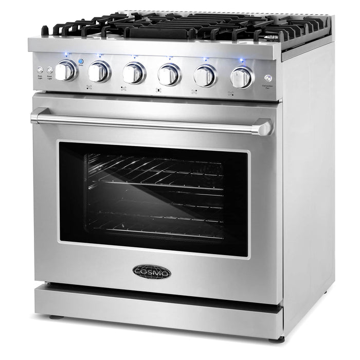 Cosmo 4-Piece Appliance Package - 30-Inch Gas Range, Wall Mount Range Hood, Dishwasher and Wine Cooler in Stainless Steel (COS-4PKG-094) Cosmo