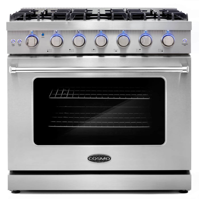 Cosmo 4 - Piece Appliance Package - 36-Inch Gas Range, Island Range Hood, Dishwasher and Refrigerator in Stainless Steel (COS-4PKG-120) Cosmo