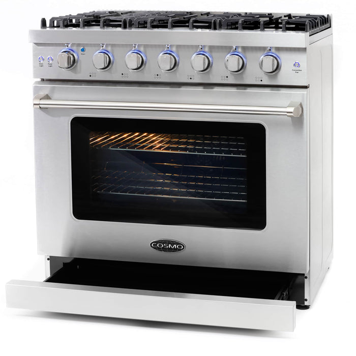 Cosmo 4 - Piece Appliance Package - 36-Inch Gas Range, Island Range Hood, Dishwasher and Refrigerator in Stainless Steel (COS-4PKG-120) Cosmo