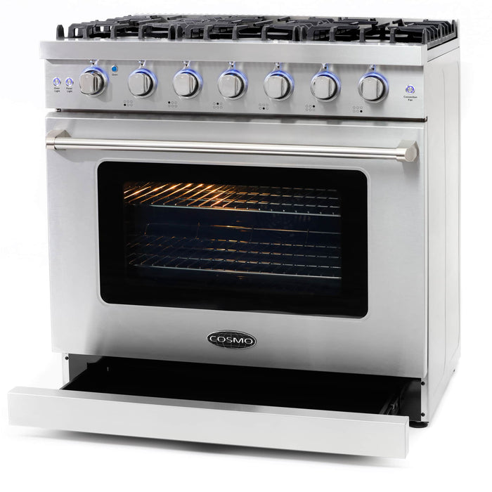 Cosmo 4 - Piece Appliance Package - 36-Inch Gas Range, Island Range Hood, Dishwasher and Refrigerator in Stainless Steel (COS-4PKG-120) Cosmo