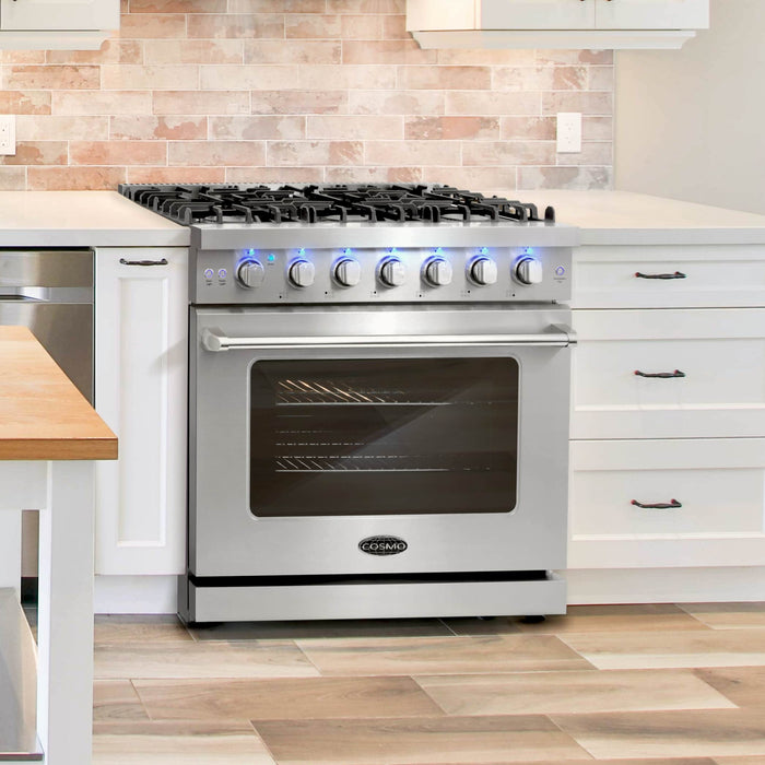 Cosmo 4 - Piece Appliance Package - 36-Inch Gas Range, Island Range Hood, Dishwasher and Refrigerator in Stainless Steel (COS-4PKG-120) Cosmo