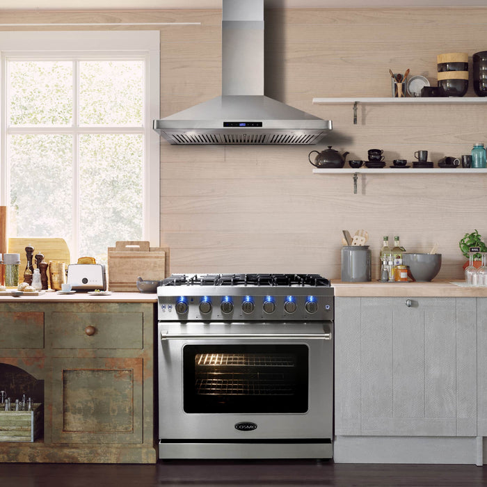 Cosmo 4 - Piece Appliance Package - 36-Inch Gas Range, Island Range Hood, Dishwasher and Refrigerator in Stainless Steel (COS-4PKG-120) Cosmo