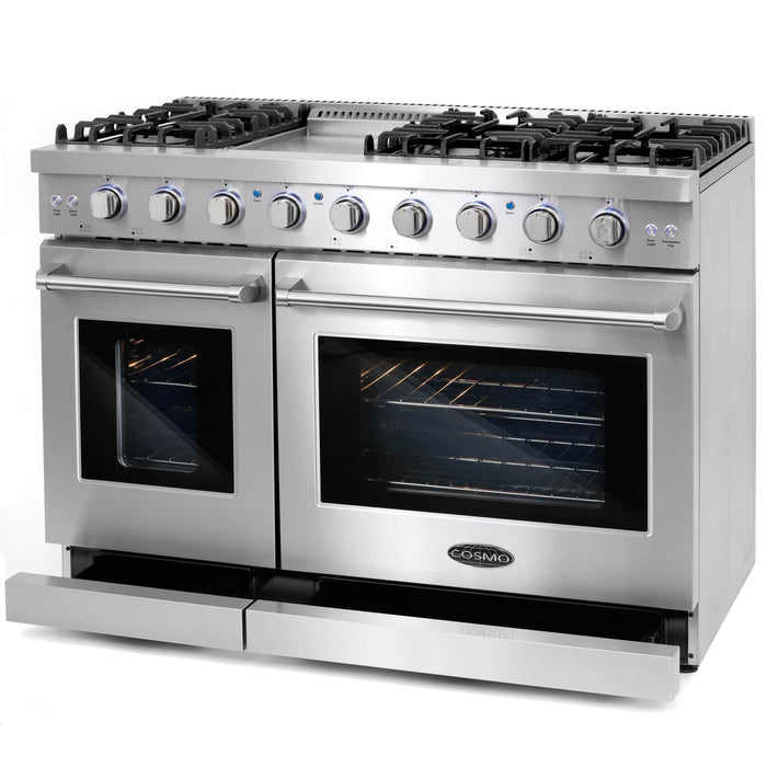 Cosmo 4-Piece Appliance Package - 48-Inch Gas Range, Under Cabinet Range Hood, Dishwasher and Refrigerator with Water Dispenser in Stainless Steel (COS-4PKG-713) Cosmo