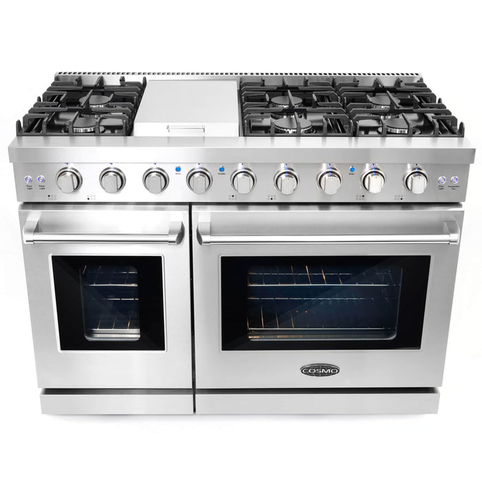 Cosmo 4-Piece Appliance Package - 48-Inch Gas Range, Under Cabinet Range Hood, Dishwasher and Refrigerator with Water Dispenser in Stainless Steel (COS-4PKG-713) Cosmo
