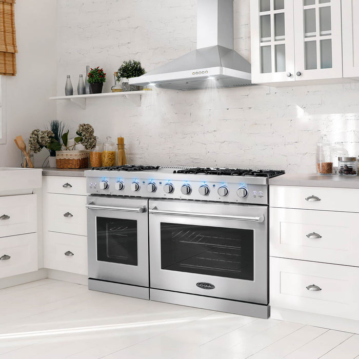 Cosmo 4-Piece Appliance Package - 48-Inch Gas Range, Under Cabinet Range Hood, Dishwasher and Refrigerator with Water Dispenser in Stainless Steel (COS-4PKG-713) Cosmo