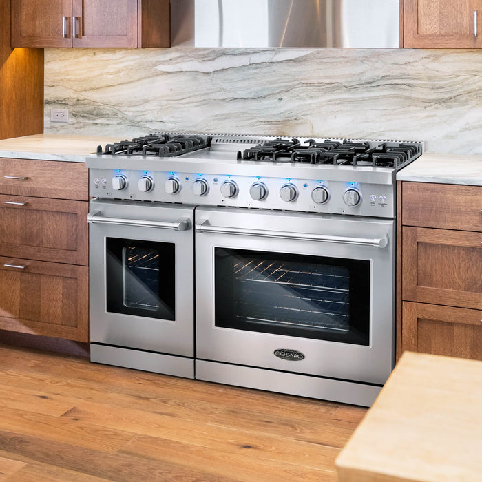 Cosmo 4-Piece Appliance Package - 48-Inch Gas Range, Under Cabinet Range Hood, Dishwasher and Refrigerator with Water Dispenser in Stainless Steel (COS-4PKG-713) Cosmo