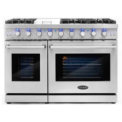 Cosmo 4-Piece Appliance Package - 48-Inch Gas Range, Under Cabinet Range Hood, Dishwasher and Refrigerator with Water Dispenser in Stainless Steel (COS-4PKG-713) Cosmo