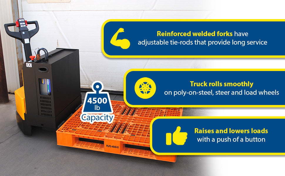 Vestil EPT-2048-45-RP-AGM steel electric pallet truck with rider platform feature overview 5