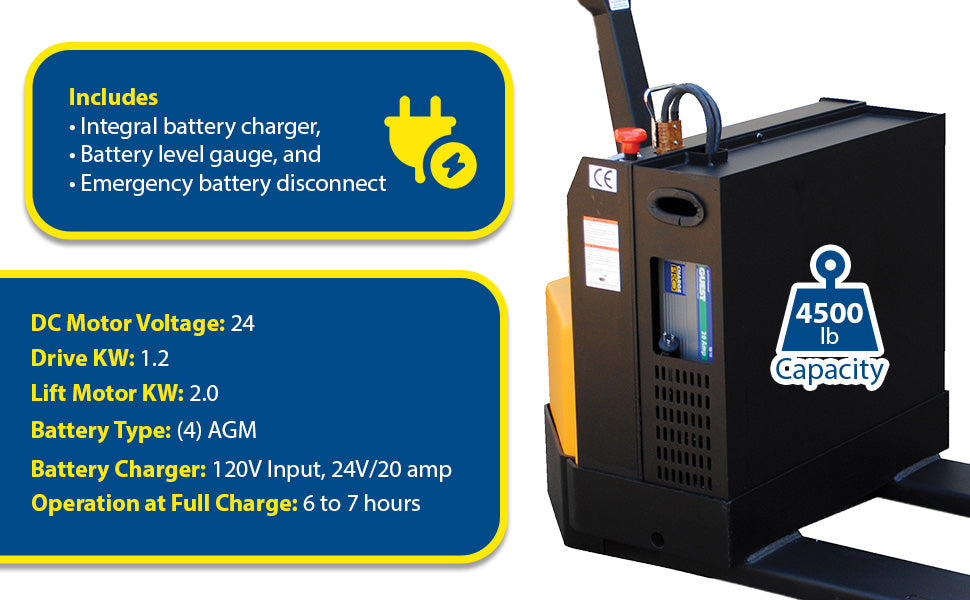 Vestil EPT-2048-45-RP-AGM steel electric pallet truck with rider platform feature overview 1