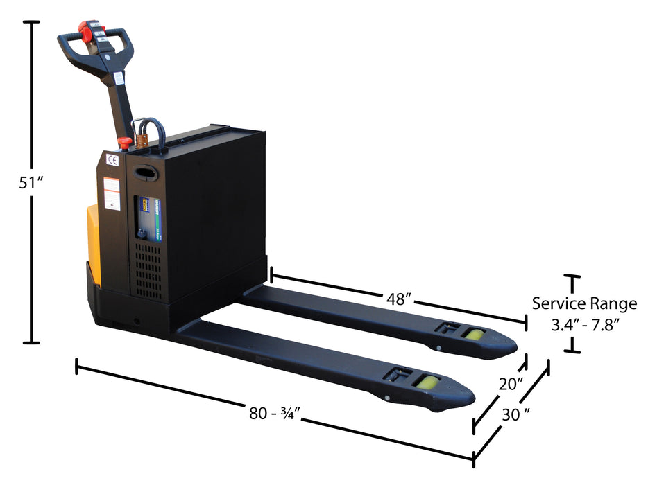 Vestil EPT-2048-45-RP-AGM steel electric pallet truck with rider platform dimensions diagram