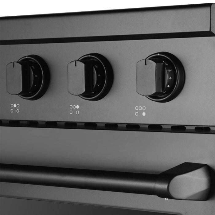 Cosmo 36 in. Haven Collection 6.0 cu. ft. Electric Ceramic Glass Range, 5 Burner Elements, Convection Oven, Matte Black control knobs detail