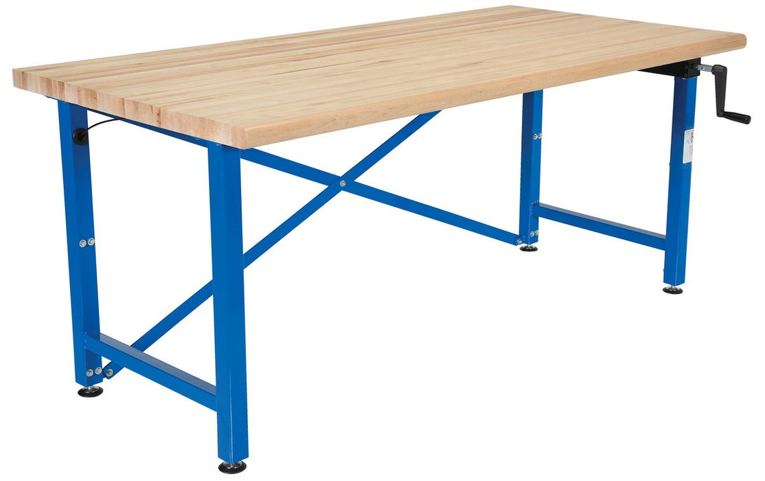 Vestil EWB-7236 Steel/Wood Manual Adjustable Ergonomic Work Bench 72 in. x 36 in. 750 lb. Capacity Blue/Tan