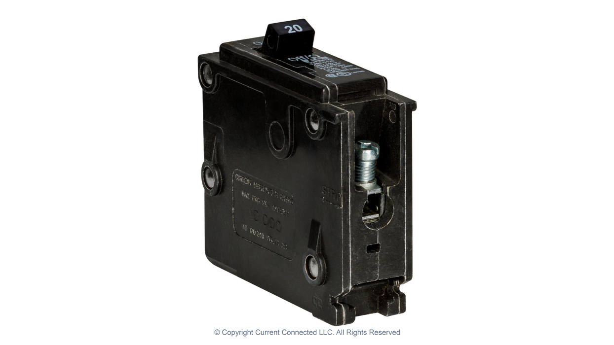 High quality photo of the Eaton - BR120 - Single Pole Breaker 20A -Angled Left View. Photographed by Current Connected