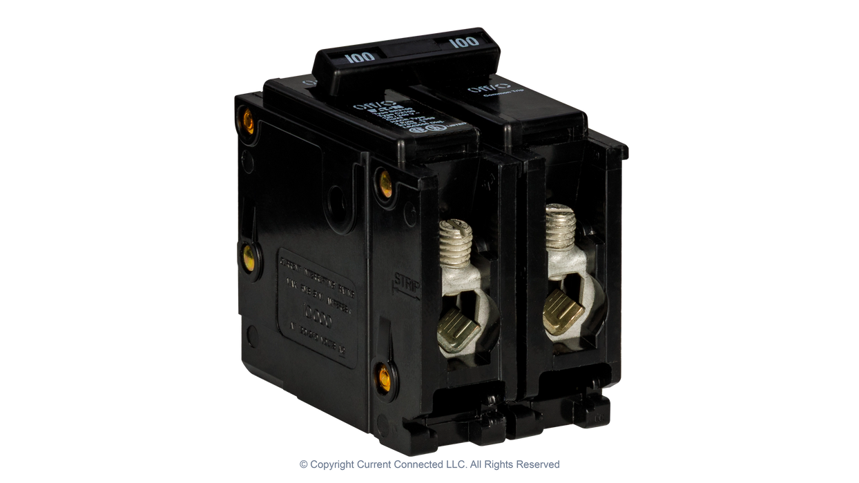 High quality photo of the Eaton - BR2100 - Double Pole Breaker 100A - Angled Left View. Photographed by Current Connected