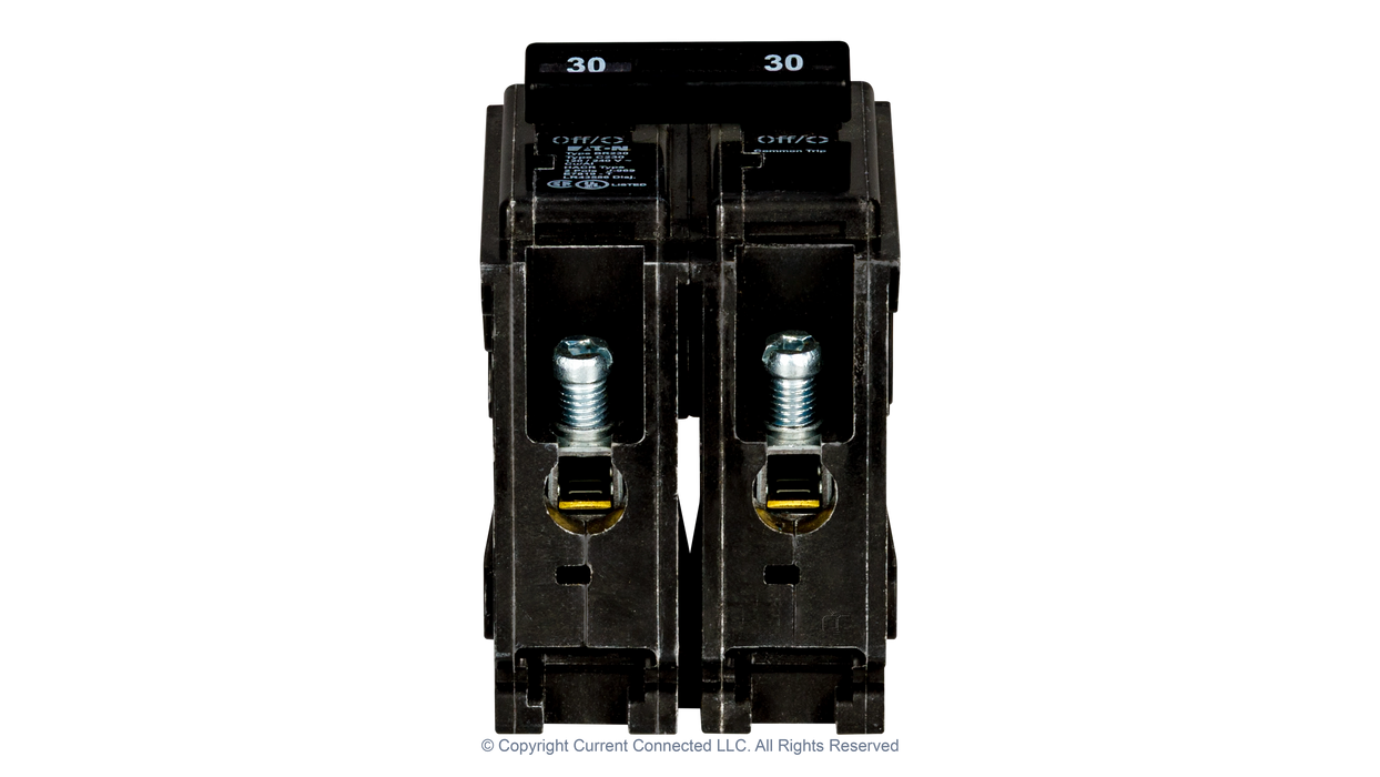 High quality photo of the Eaton - BR2100 - Double Pole Breaker 15A - 50A - Bottom View. Photographed by Current Connected
