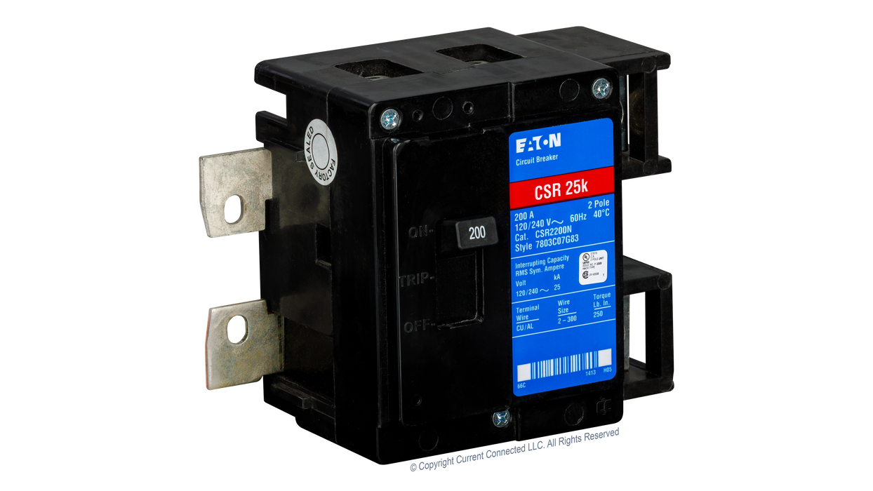 High quality photo of the Eaton - CSR2200N - CSR 200 Amp 2-Pole 25 kAIC Main Circuit Breaker - Angled Left View. Photographed by Current Connected