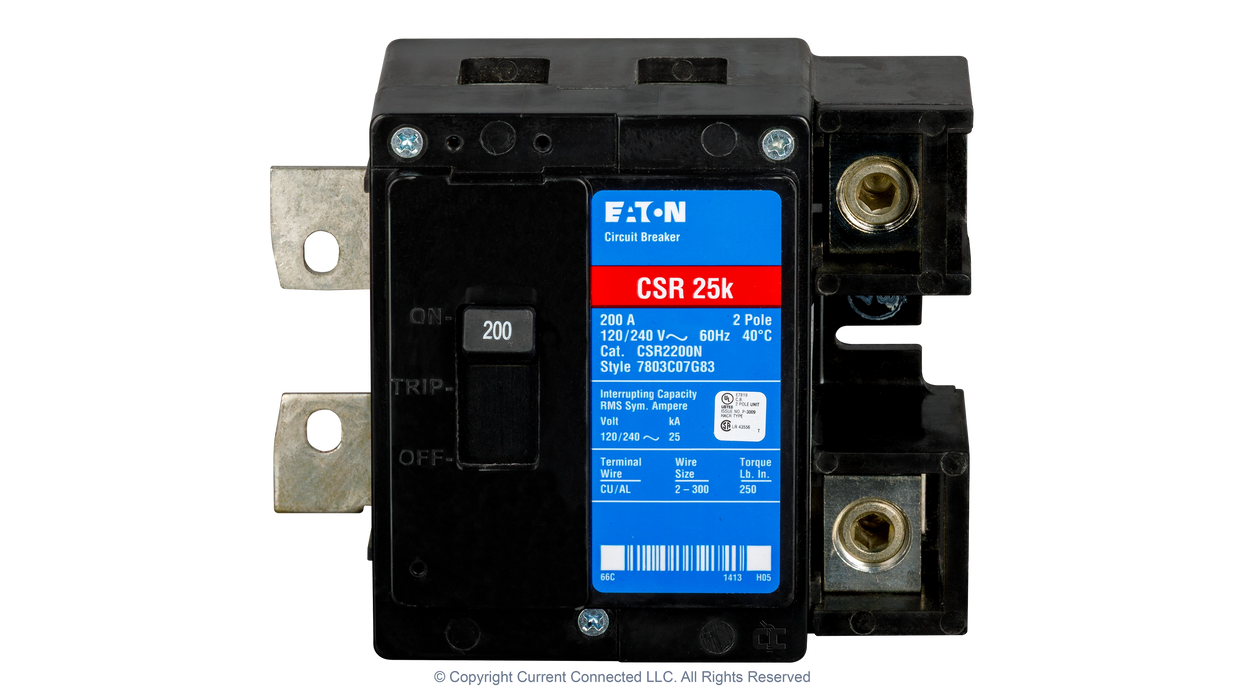 High quality photo of the Eaton - CSR2200N - CSR 200 Amp 2-Pole 25 kAIC Main Circuit Breaker - Front View. Photographed by Current Connected