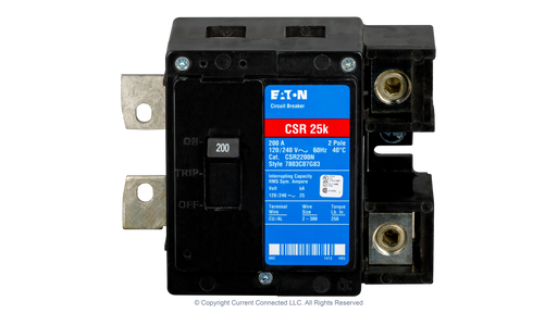 High quality photo of the Eaton - CSR2200N - CSR 200 Amp 2-Pole 25 kAIC Main Circuit Breaker - Front View. Photographed by Current Connected