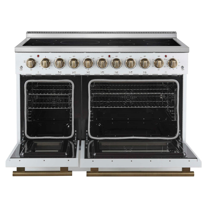 Forno Paolo 48-Inch Freestanding Electric Range with 6.7 Cu.Ft True Convection Oven in White with Antique Brass Handle  (FFSEL6011-48WHT)