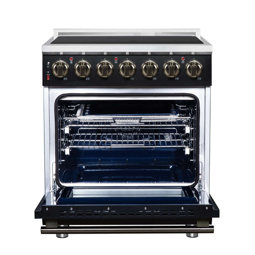 Forno Massimo 30-inch electric range in black front view with the door open