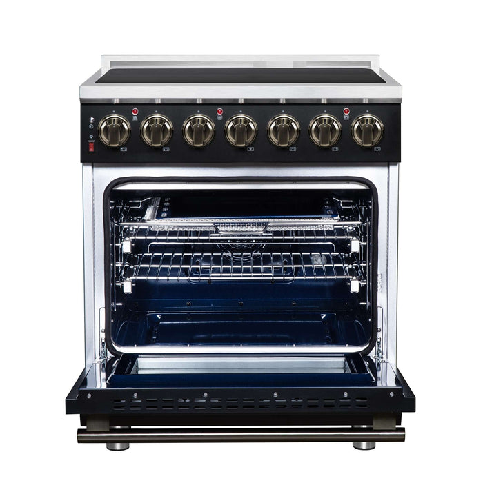 Forno Massimo 30-inch electric range in black front view with the door open