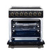 Forno Massimo 30-inch electric range in black front view with the door open