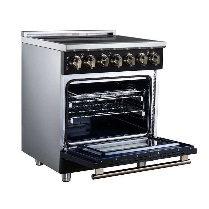 Forno Massimo 30-inch electric range in black left angled view with the door open