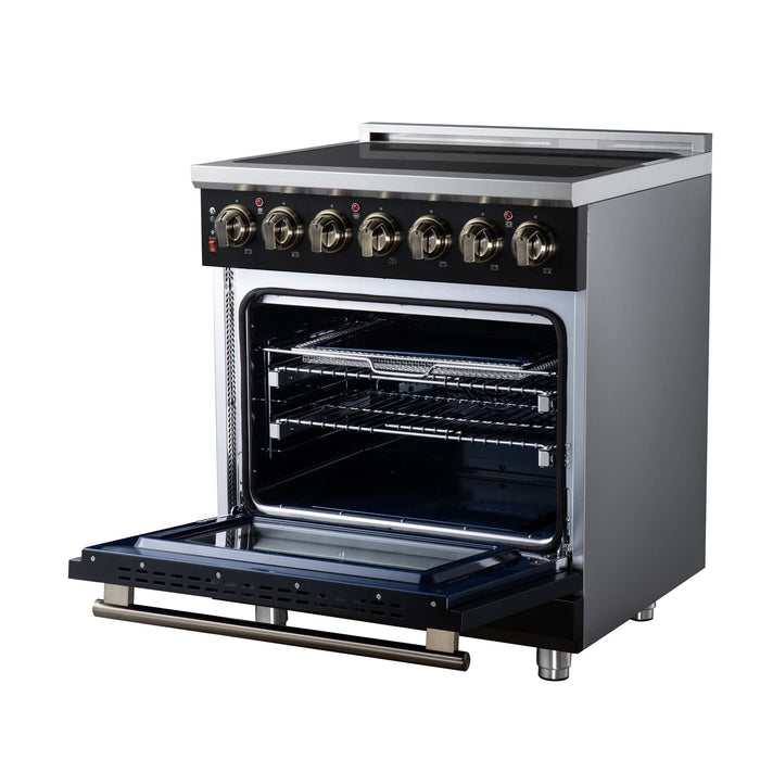 Forno Massimo 30-inch electric range in black right angled view with the door open