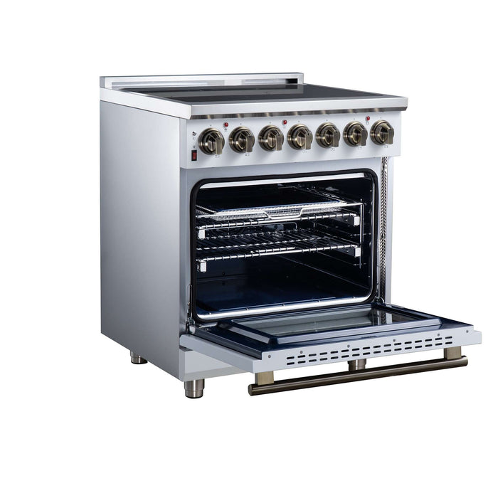 Forno Massimo 30-inch electric range in white left angled view with the door open