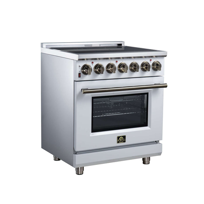 Forno Massimo 30-inch electric range in white left angled view