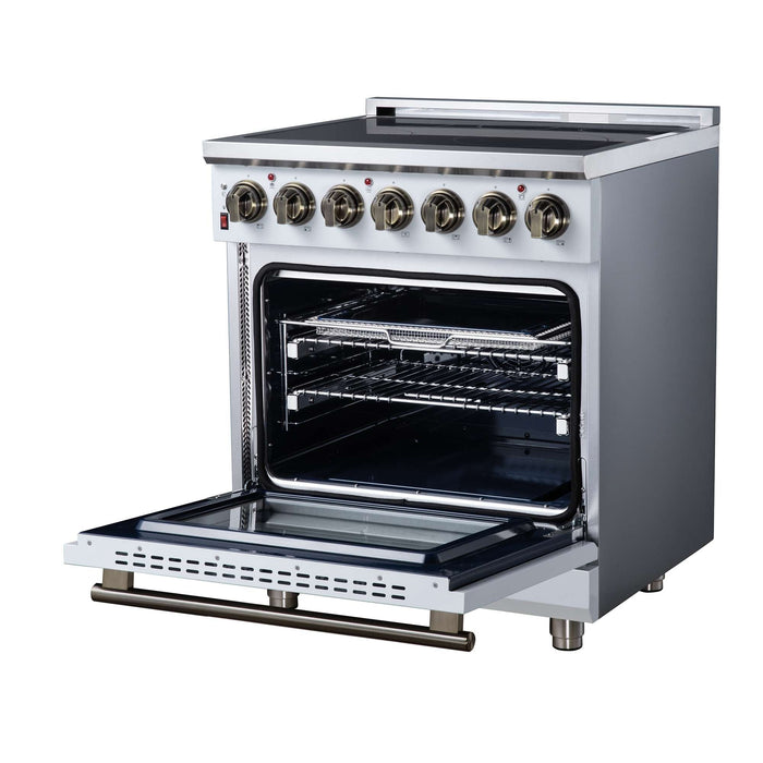 Forno Massimo 30-inch electric range in white right angled view with the door open