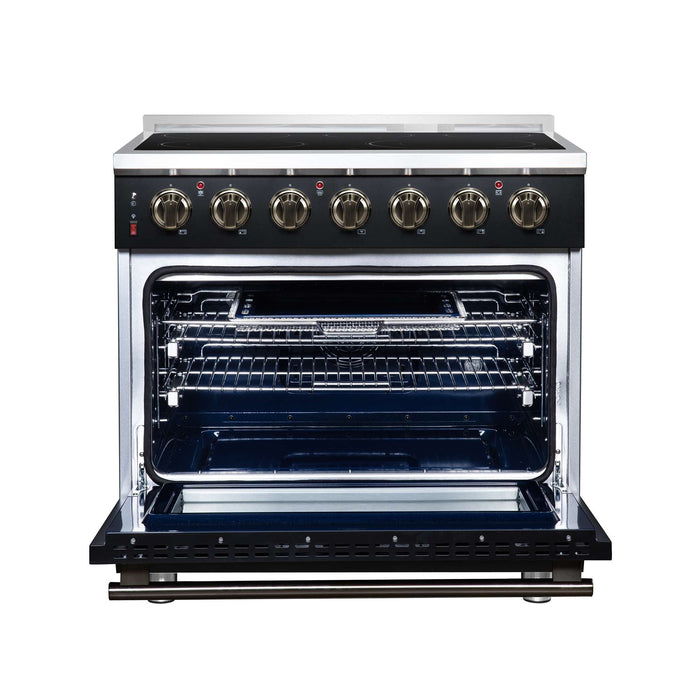 Forno Massimo 36-inch electric range in black front view with the door open