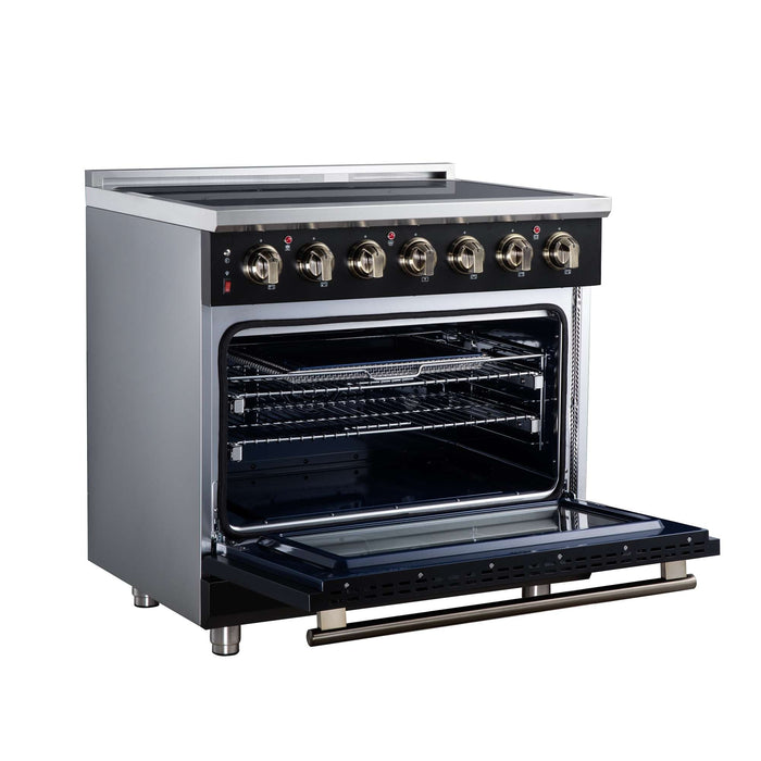 Forno Massimo 36-inch electric range in black left angled view with the door open