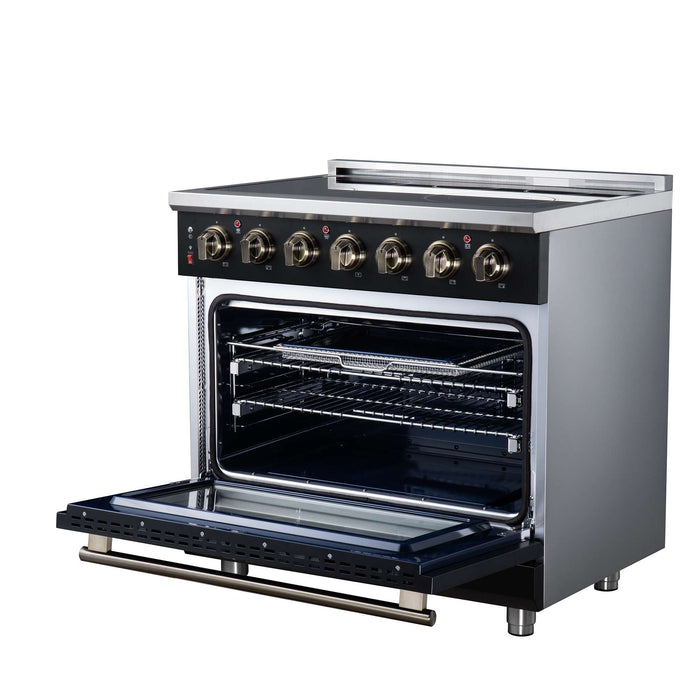 Forno Massimo 36-inch electric range in black right angled view with the door open