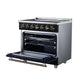 Forno Massimo 36-inch electric range in black right angled view with the door open