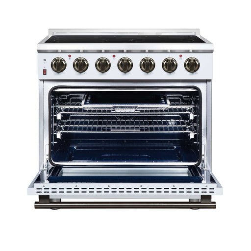 Forno Massimo 36-inch electric range in white front view with the door open