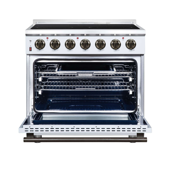 Forno Massimo 36-inch electric range in white front view with the door open