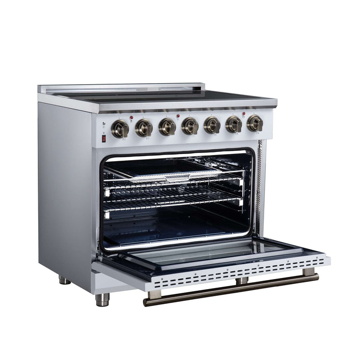 Forno Massimo 36-inch electric range in white left angled view with the door open