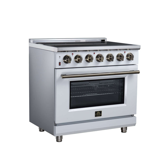 Forno Massimo 36-inch electric range in white left angled view