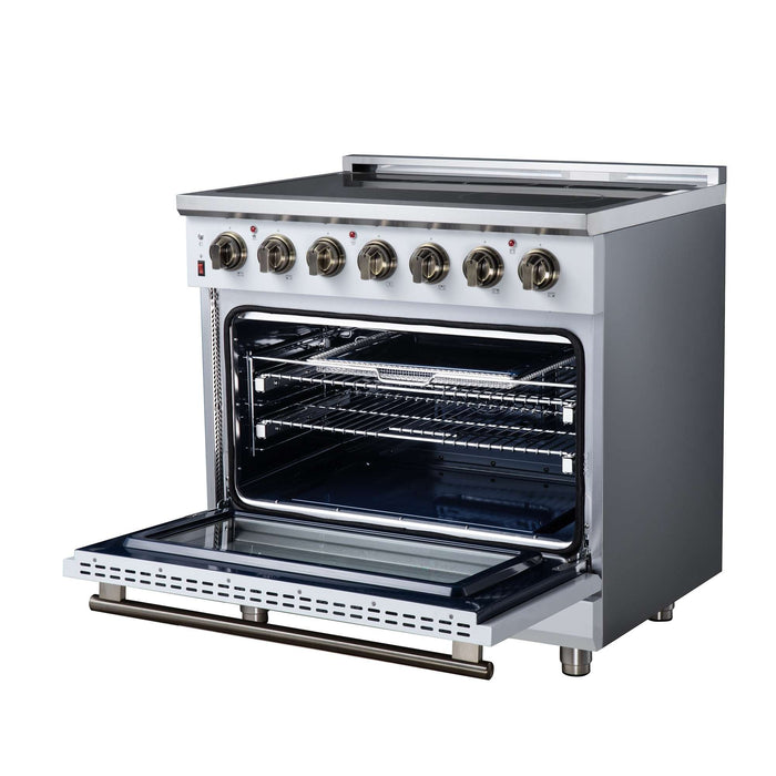 Forno Massimo 36-inch electric range in white right angled view with the door open