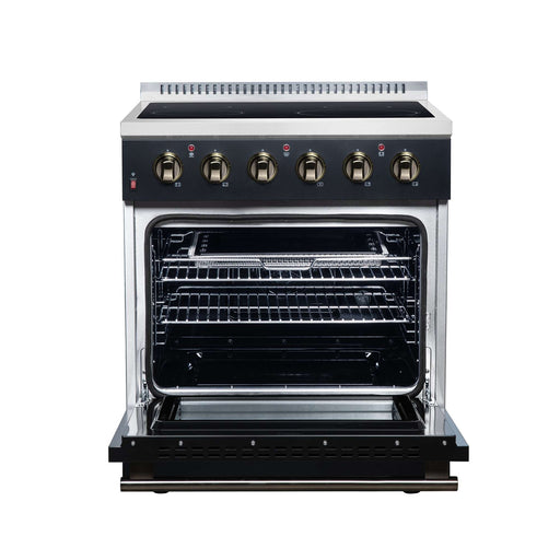 Forno Galiano 30-inch electric range in black front view with the door open