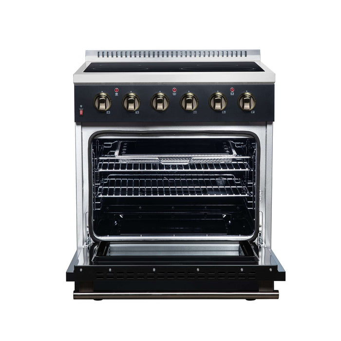Forno Galiano 30-inch electric range in black front view with the door open