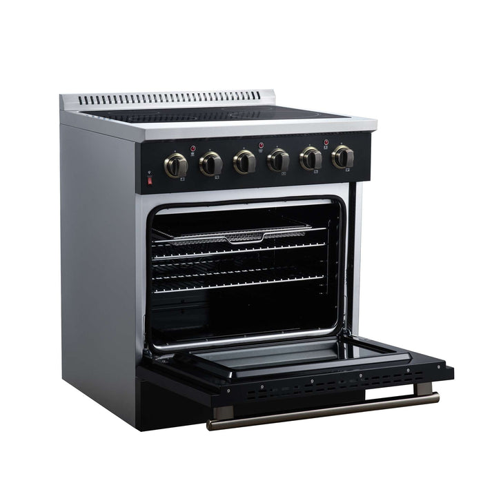 Forno Galiano 30-inch electric range in black left angled view with the door open