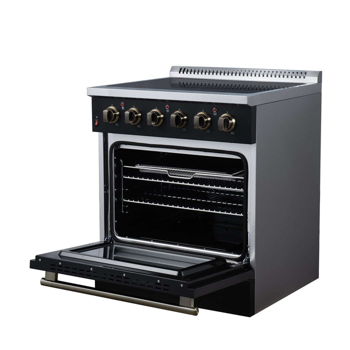Forno Galiano 30-inch electric range in black right angled view with the door open