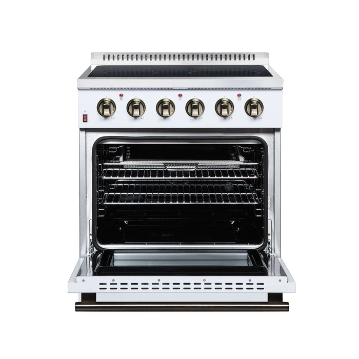 Forno Galiano 30-inch electric range in white front view with the door open