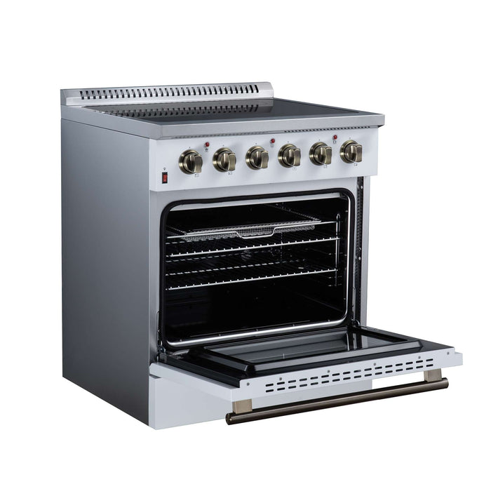 Forno Galiano 30-inch electric range in white left angled view with the door open