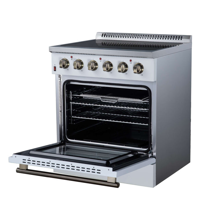 Forno Galiano 30-inch electric range in white right angled view with the door open