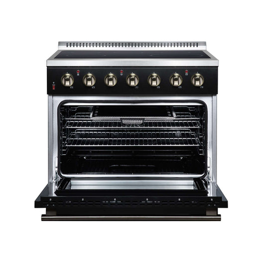 Forno Galiano 36-inch electric range in black front view with the door open