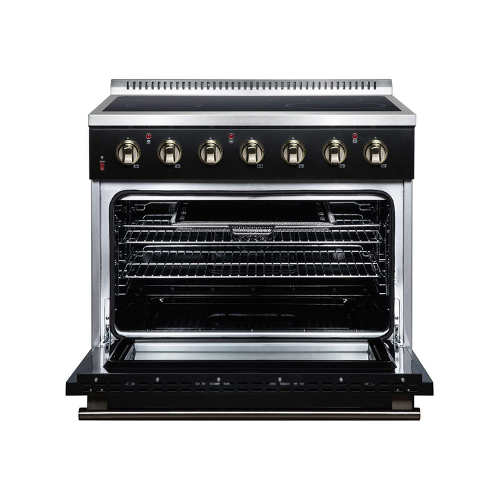 Forno Galiano 36-inch electric range in black front view with the door open